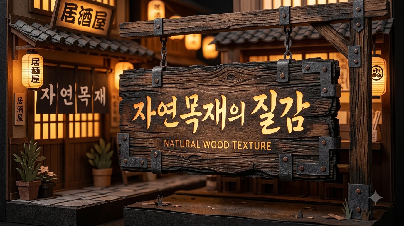 JUR DESIGN 🏮 이자카야 간판, 빛과 나무가 만들어내는 마법 같은 공간 🪄 — 정밀 시공 및 3D 렌더링 시각화